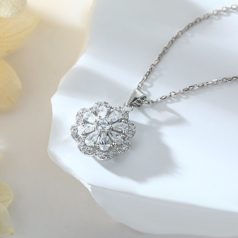 Full Zircon Flower Pendant Sterling Silver Necklace