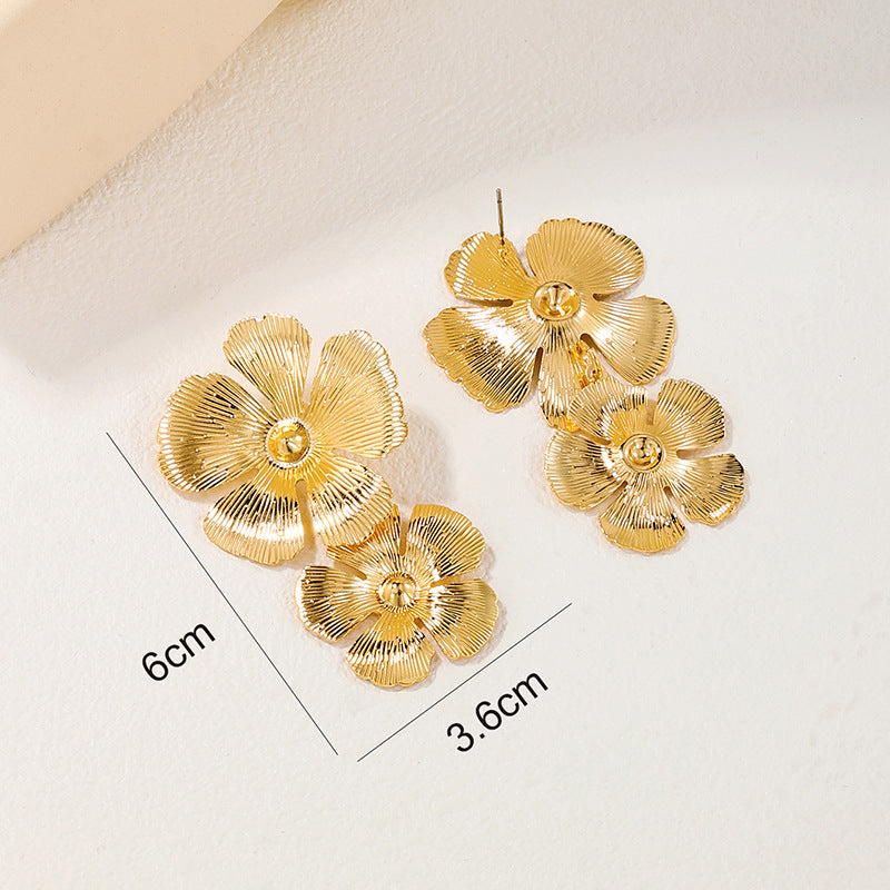 Exaggerated Metal Flower Earrings with Retro Flair