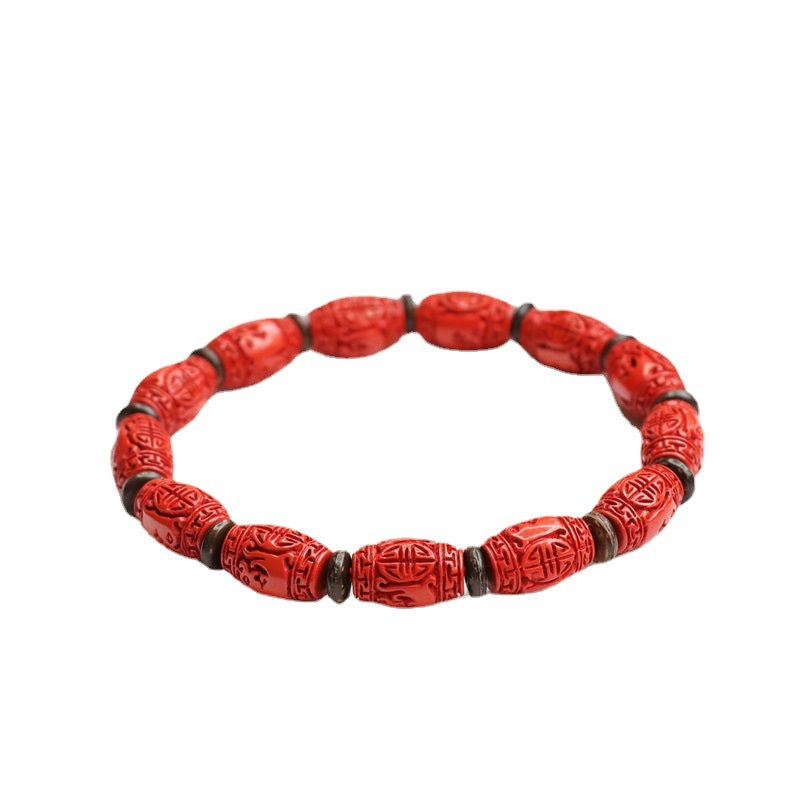 Red Sand Carved Bucket Bead Bracelet with Sterling Silver Needle