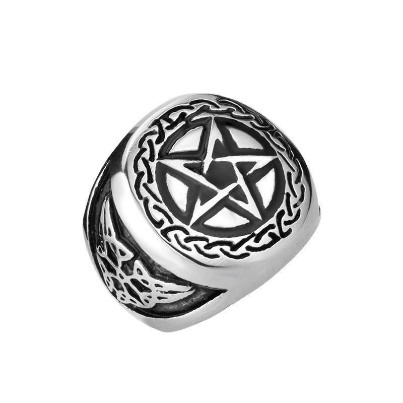 Custom Engraved Pentagram Ring in Retro Titanium Steel for Men - Wholesale Stainless Steel Jewelry