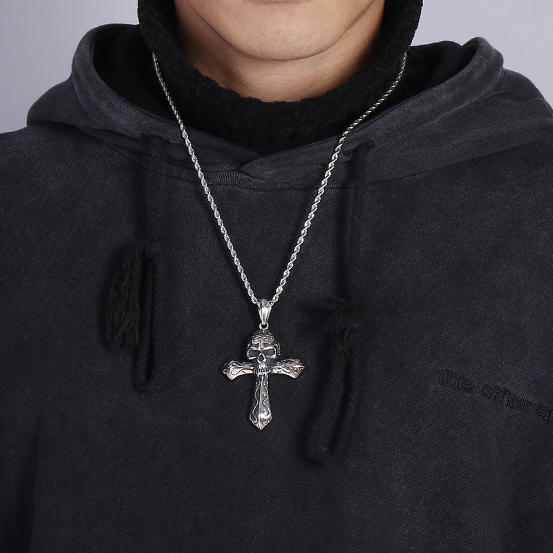 Vintage-Inspired Men's Stainless Steel Pendant with Dominant Cross Skull Design