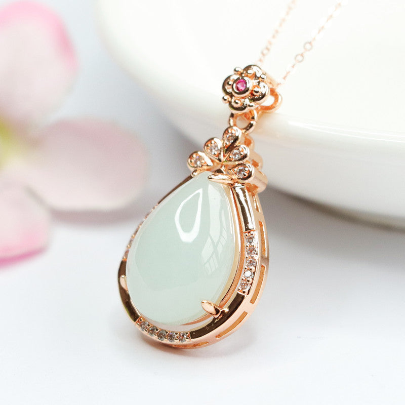 Jade Water Drop Pendant Necklace with Rose Gold Finish