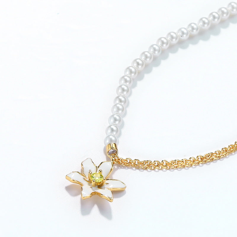 White Daffodil Pearl Chain Sterling Silver Necklace