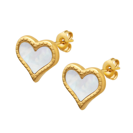 Vintage White Sea Shell Peach Heart Stud Earrings - 18K Gold Plated Women's Titanium Steel Jewelry