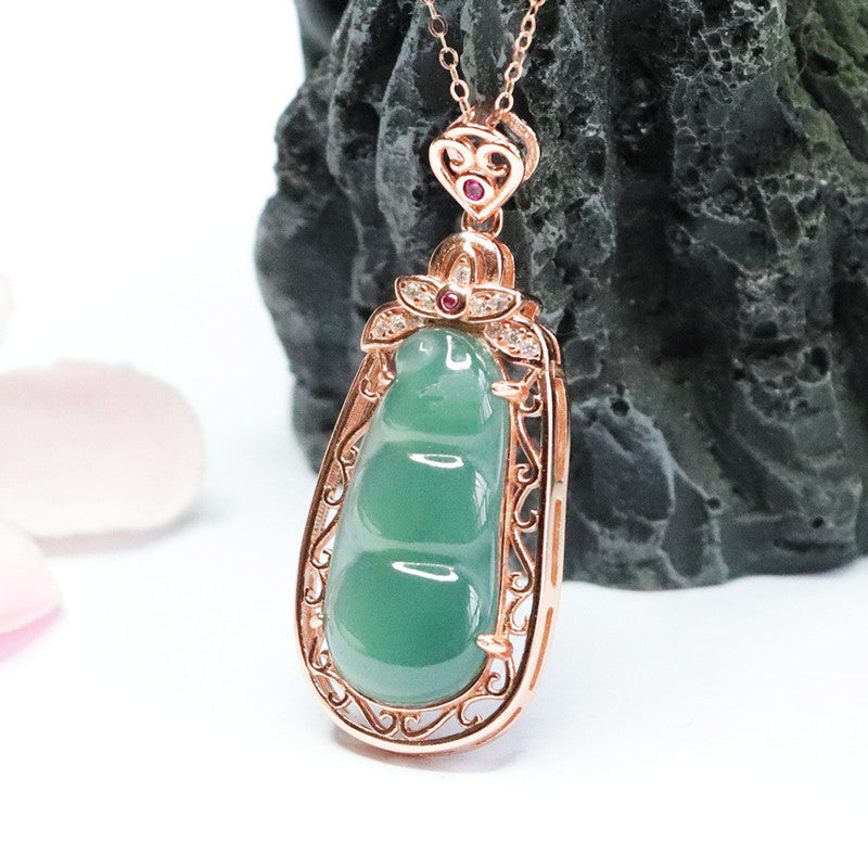 Sterling Silver Hollow Edge Necklace with Ice Blue Green Jadeite Four Kidney Bean Pendant