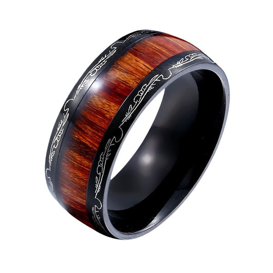 Vintage-Inspired Titanium Steel and Wood Feather Ring for Men and Women - Personalized Carved Design