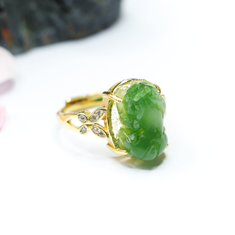 Fortune's Favor Sterling Silver Pixiu Ring with Hetian Jade Gem