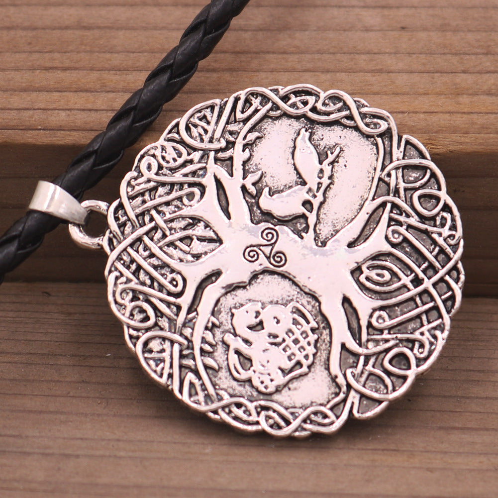 Cross Continental Viking Odin Talisman Necklace with Tree of Life Crow Design for Men, Fashionable Accessory in Europe and America