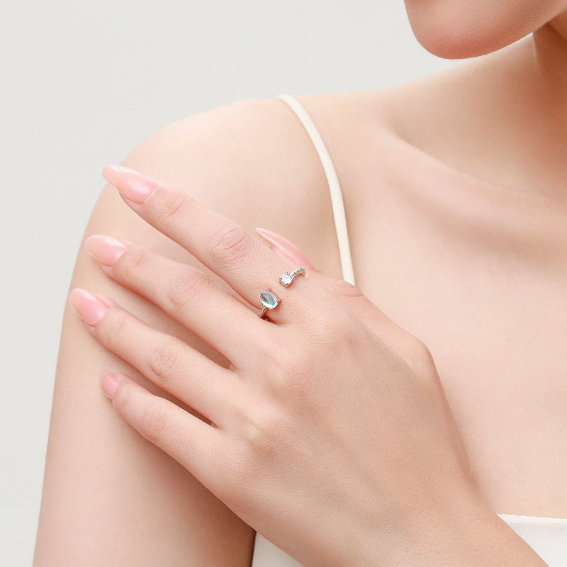 Sterling Silver Moonstone Open Ring with Irregular Cool Wind Pattern