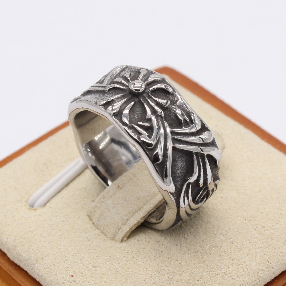 Cross Flower Wavy Titanium Steel Ring for Men