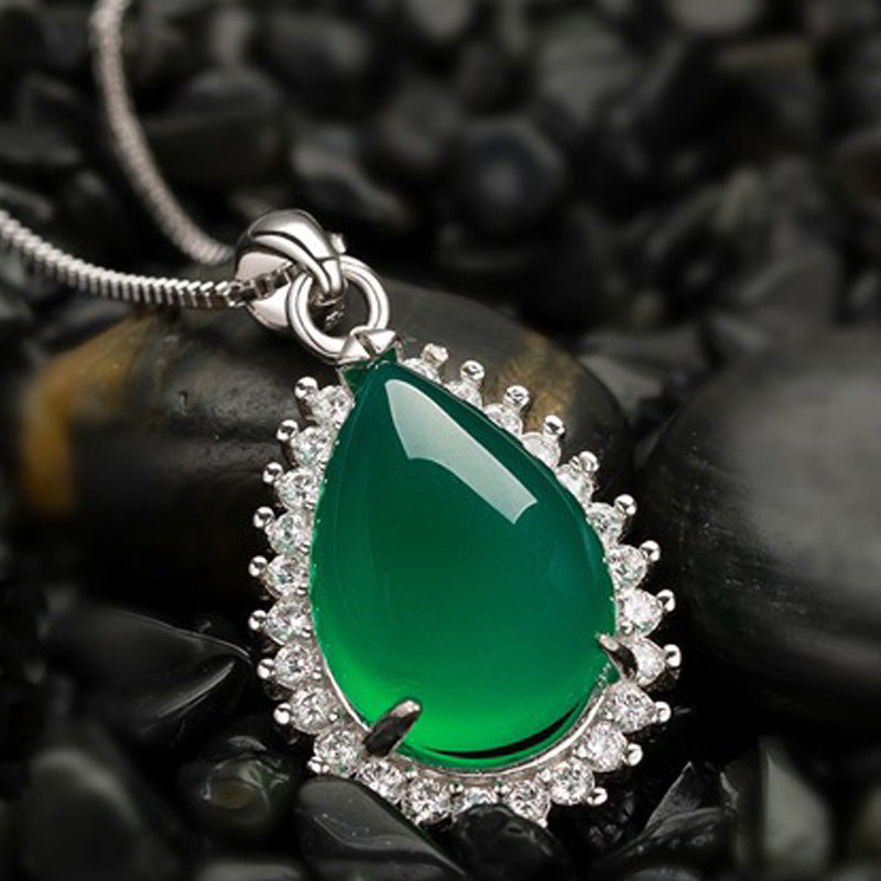 Green Chalcedony Water Droplet Halo Pendant Jewelry