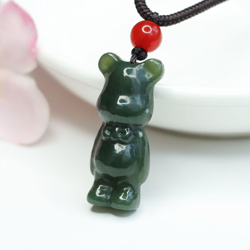 Natural Hetian Jade Bear Pendant - Blackish Green