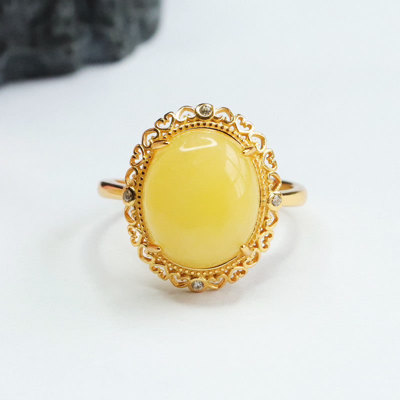 Love Hollow Sterling Silver Adjustable Beeswax Amber Ring