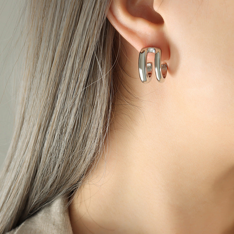 Chic Double Button C-Shaped Earrings in Titanium Steel with 18K Gold Plating