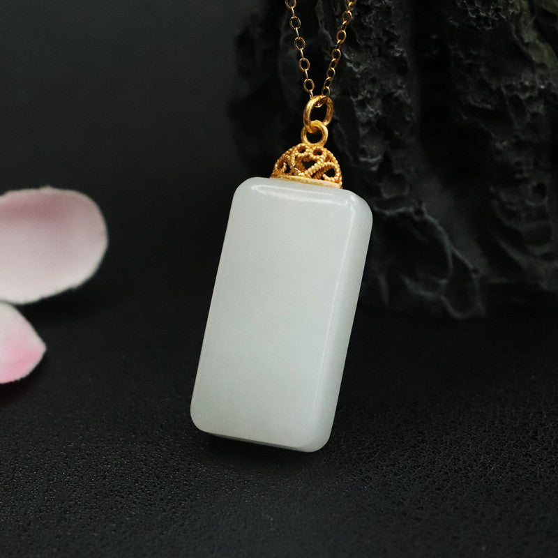 White Jade Tag Necklace with Natural Hetian Jade Pendant