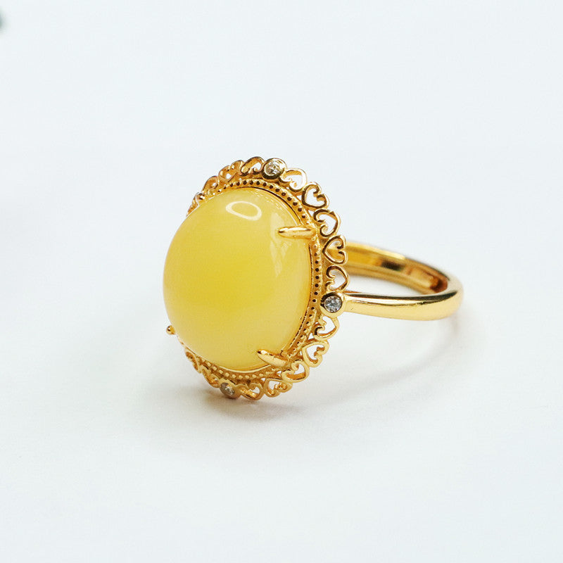 Love Hollow Sterling Silver Adjustable Beeswax Amber Ring