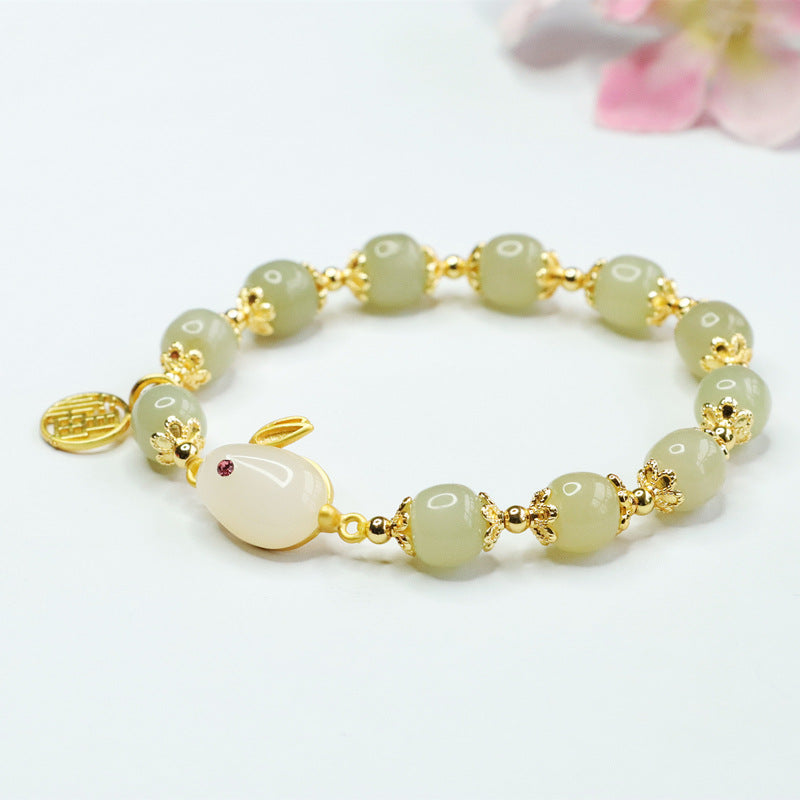 Fortune's Favor Sterling Silver Rabbit Fu Jade Bracelet