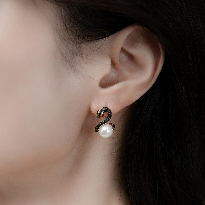 Black Snake Round Pearl Sterling Silver Stud Earrings