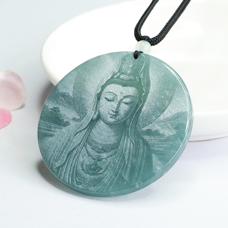 Guanyin Bodhisattva Carved Jade Pendant with Sterling Silver Chain