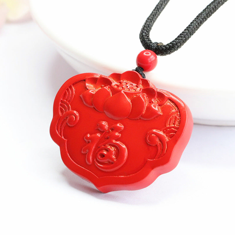 Red Sand Cinnabar Lotus Ruyi Sterling Silver Pendant