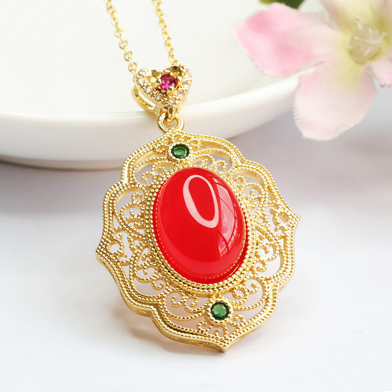 Natural Red Agate Chalcedony Hollow Auspicious Cloud Pendant Retro