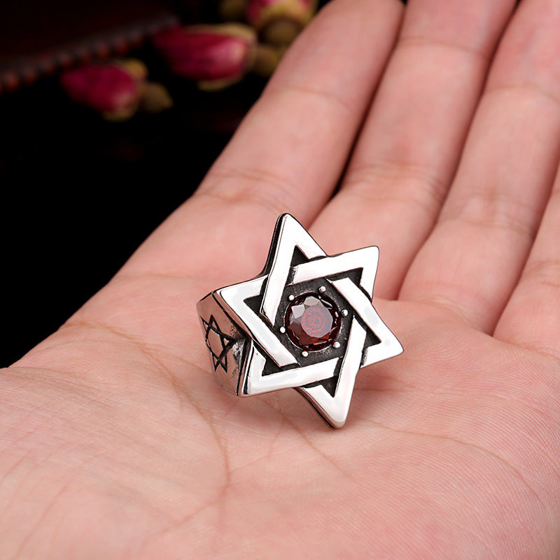 Men's Hexagram Ring in Titanium Steel with Zircon Inlay - Retro European and American Style Jewelry