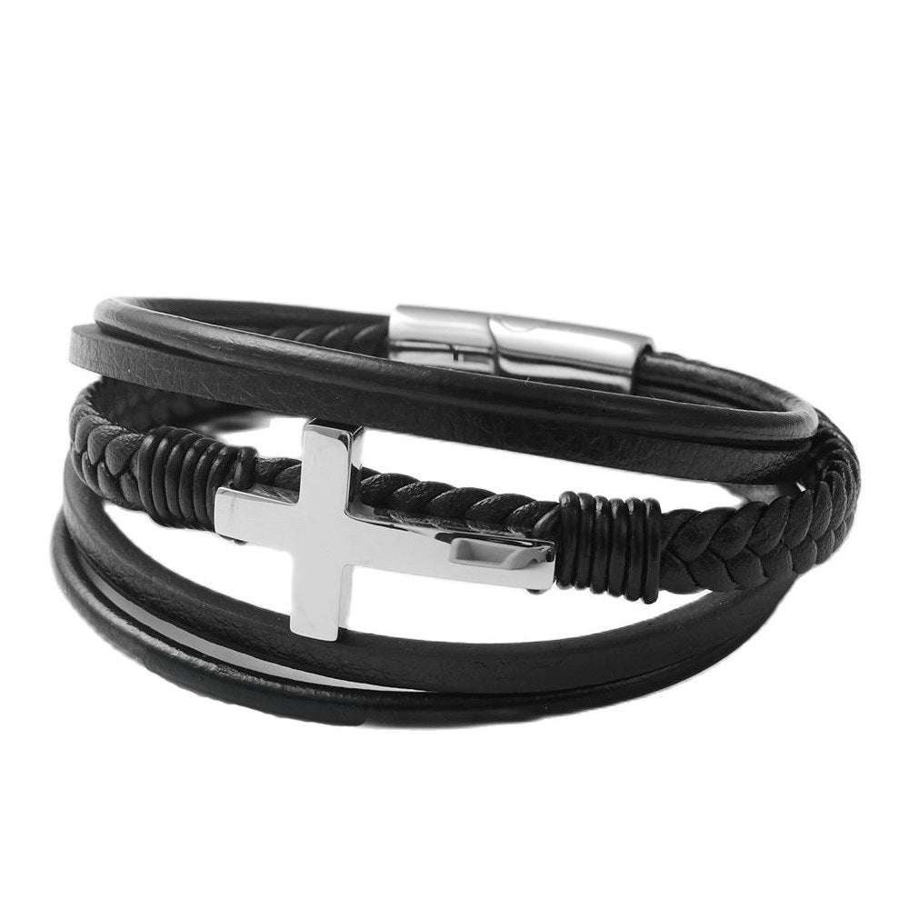 Men's Personalized Titanium Steel Cross Leather Bracelet - Woven Punk Style Accessory