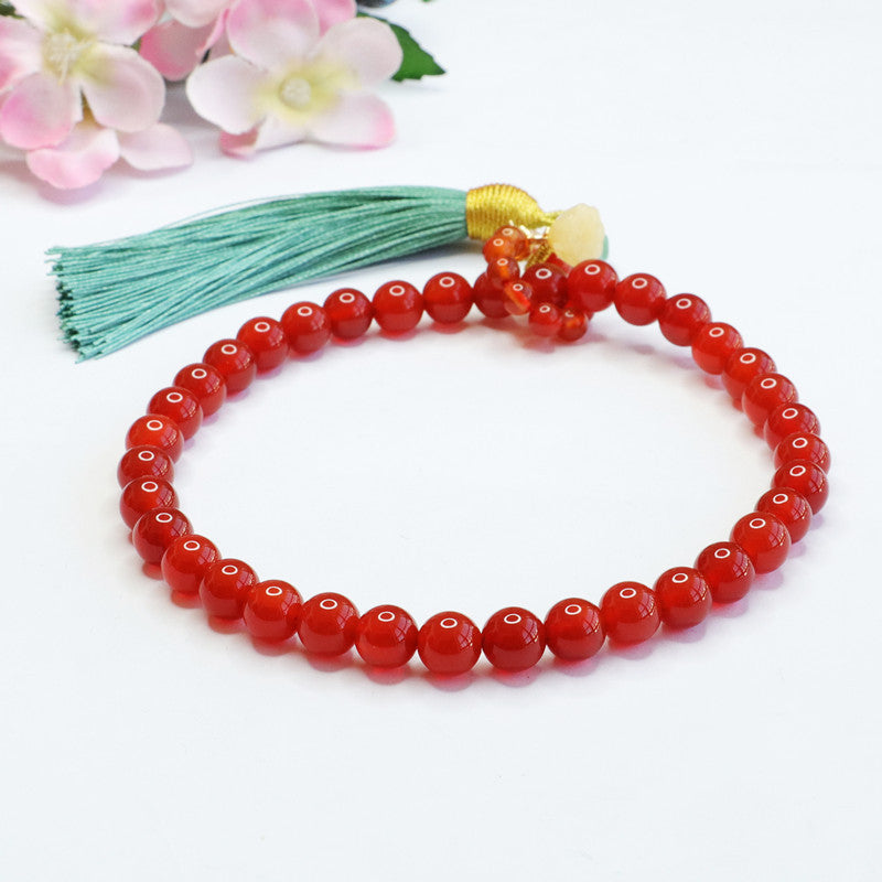 Red Agate Chalcedony Bracelet with Clover Lotus Seedpod Tassel