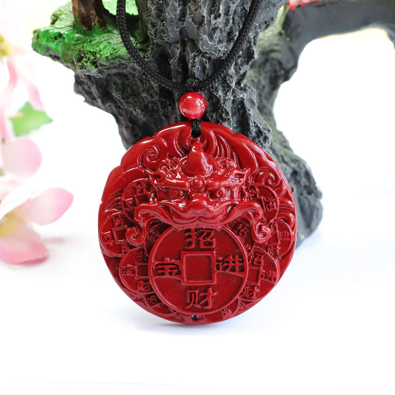 Fortune's Favor Cinnabar Stone and Pixiu Pendant with Swallowing Gold Beast Oval Design