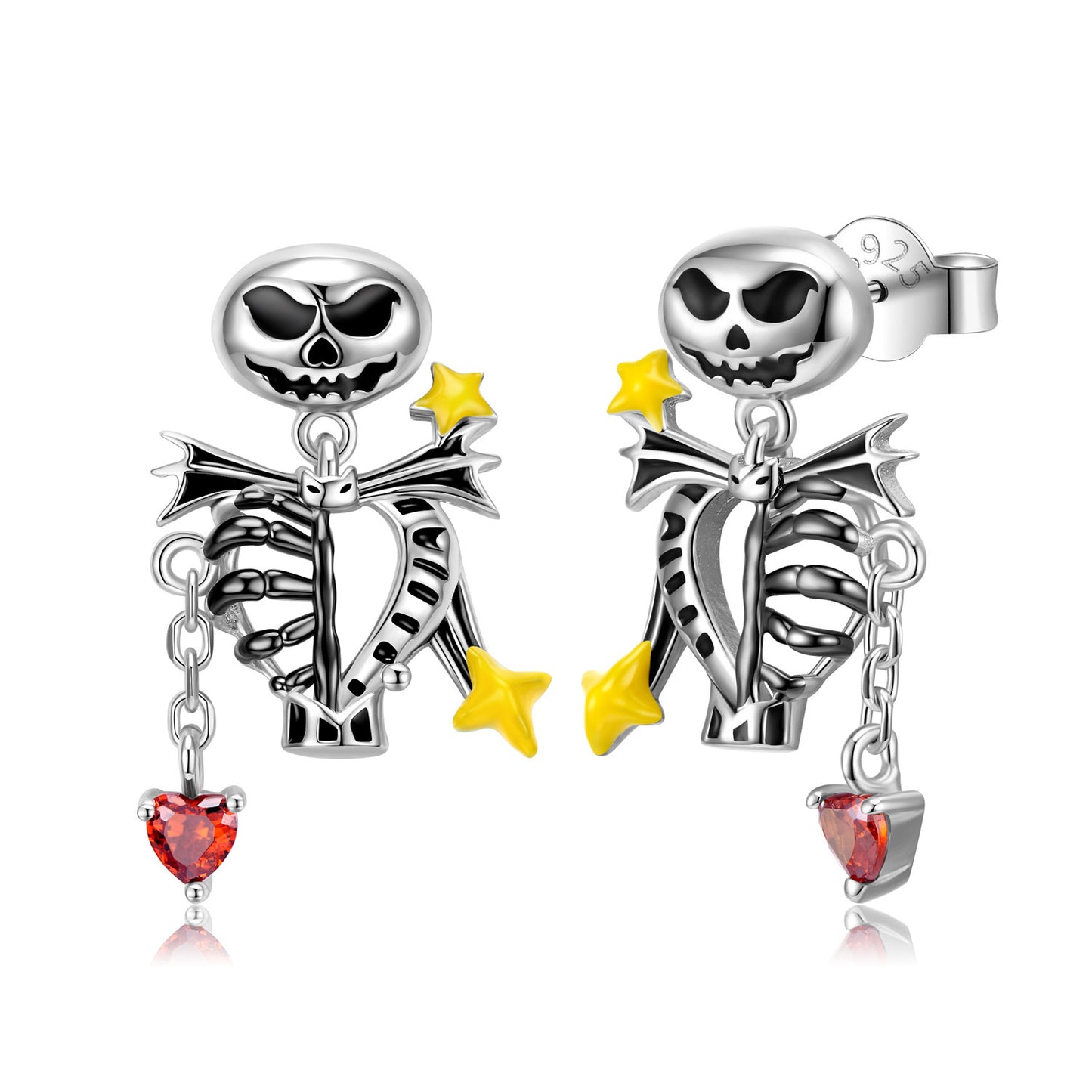 Halloween Skull Skeleton Tassel Heart Shape Red Zircon Silver Drop Earrings