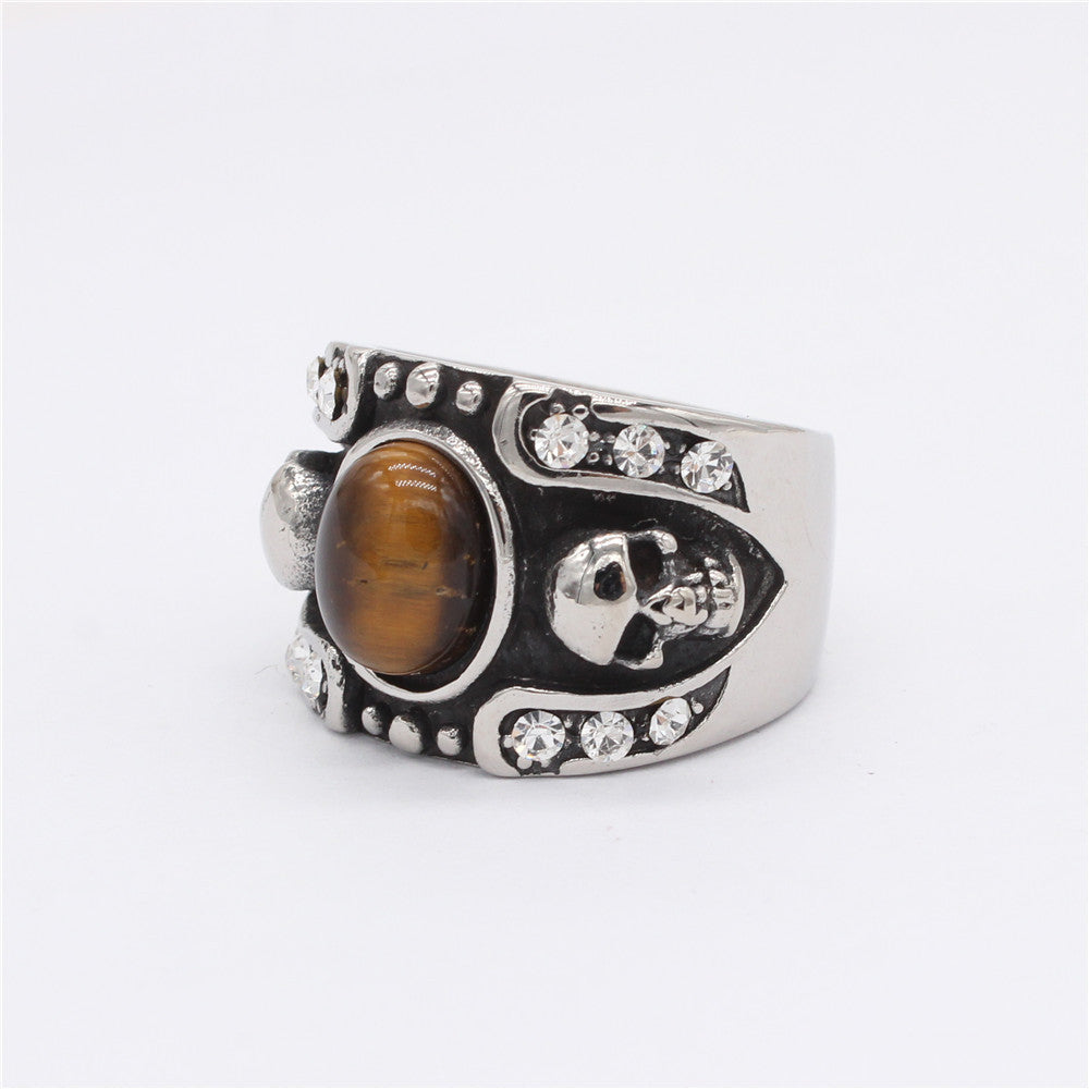 Halloween Skull Oval Tiger Eye Stone Titanium Steel Ring for Men