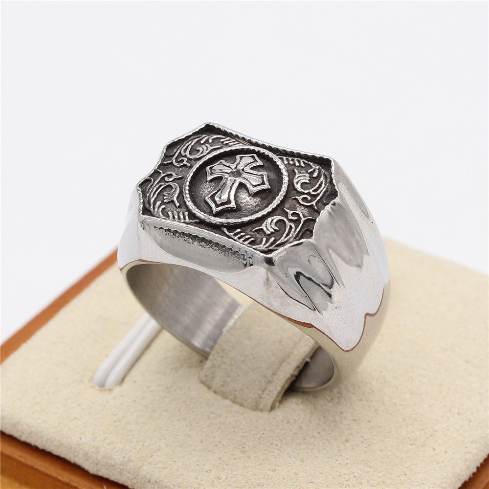 Palace Style Carved Cross Titanium Steel Ring for Men