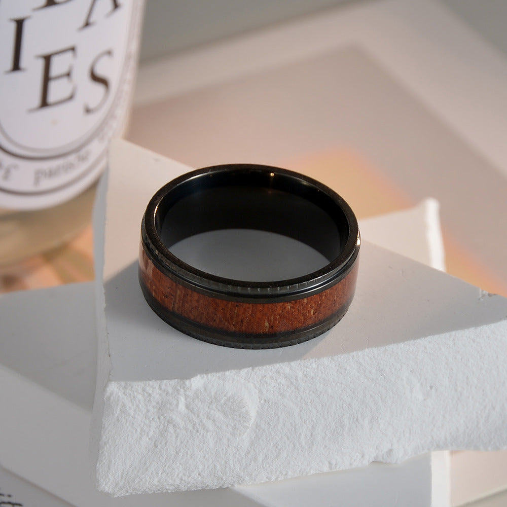 Natural Style Titanium Steel Men's Ring with Acacia Wood Inlay - European and American Design