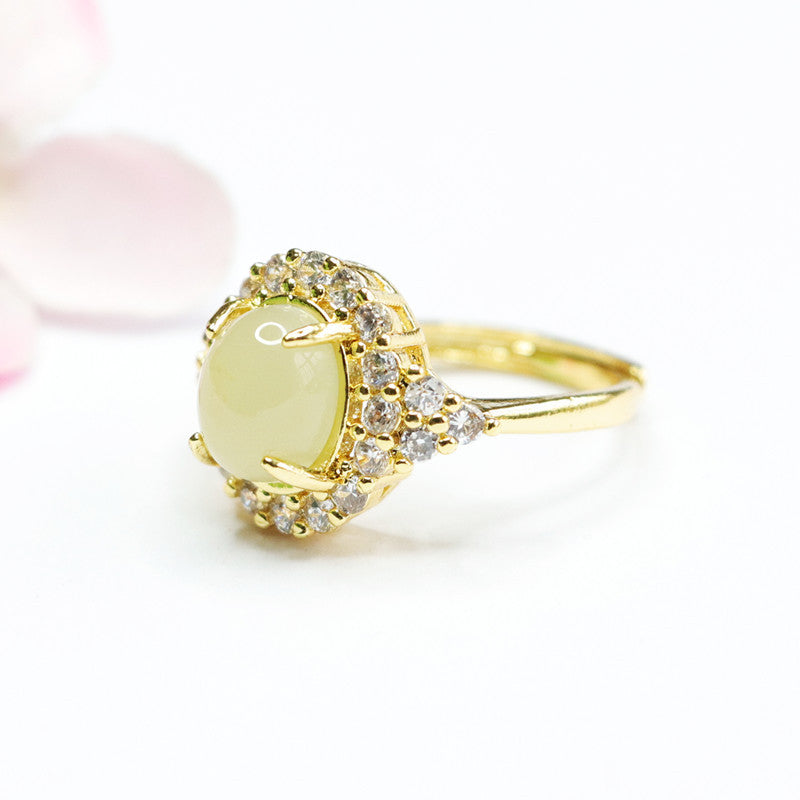 Organic Hetian Jade Ring with Sparkling Zircon Detail, Versatile Sterling Silver Design