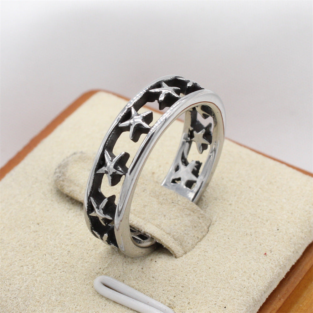 Personalized Retro Hollow Five Star Titanium Steel Ring for Men