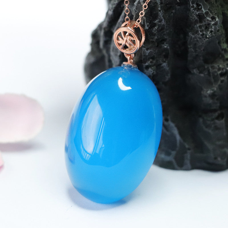 S925 Sterling Silver Blue Chalcedony Pigeon Egg Necklace with Rose Gold Accent