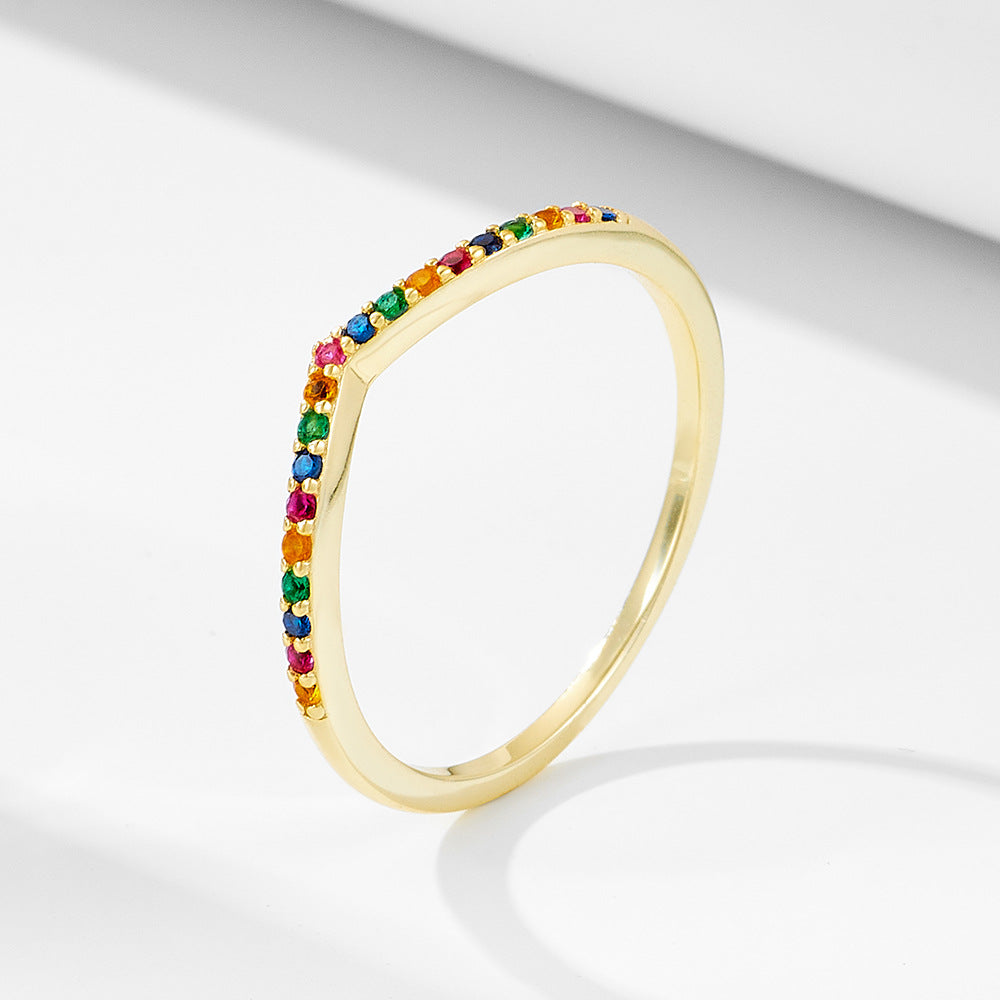 Colourful Zircon V Shape Slim Sterling Silver Ring