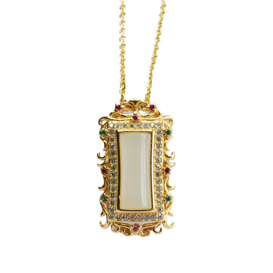 White Jade Pendant Necklace with Colorful Zircon Accents