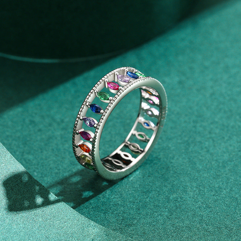 Exquisite Sterling Silver Ring with Rainbow Zircon and Unique Hollow-Out Design