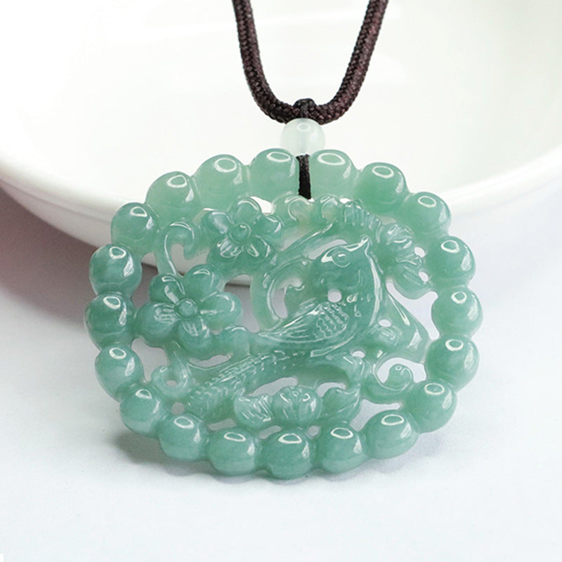 Joyful Magpie Jade Pendant with Floral Carving in Blue-Green Hollow Round Pendant