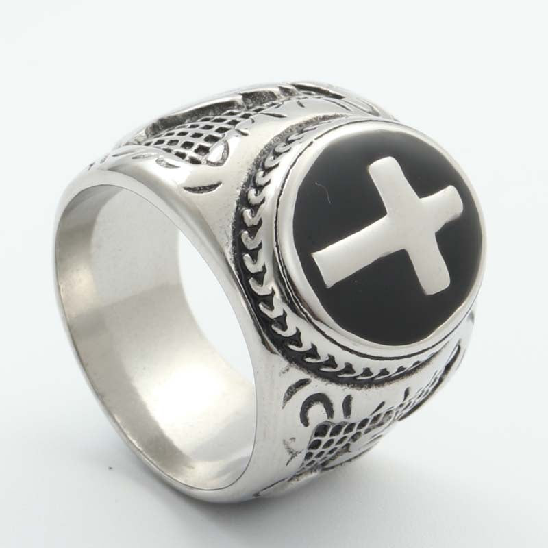 Trendy Retro Titanium Steel Cross Ring for Men - Stylish Black Epoxy Accessory