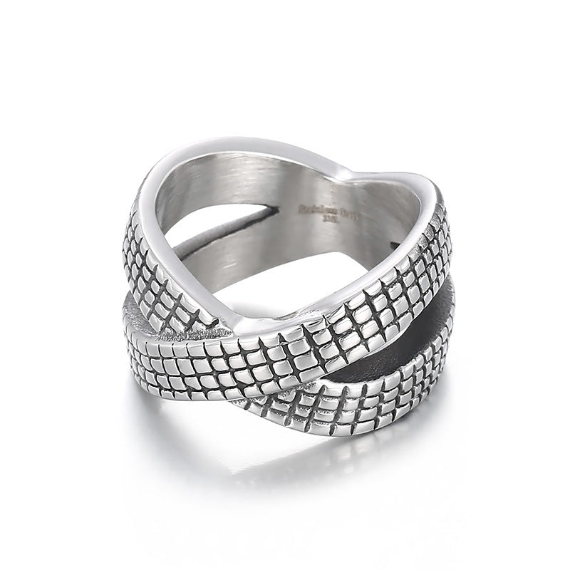 Retro Infinity 8-Character Titanium Steel Ring for Men - Personalized Cross-Index Design