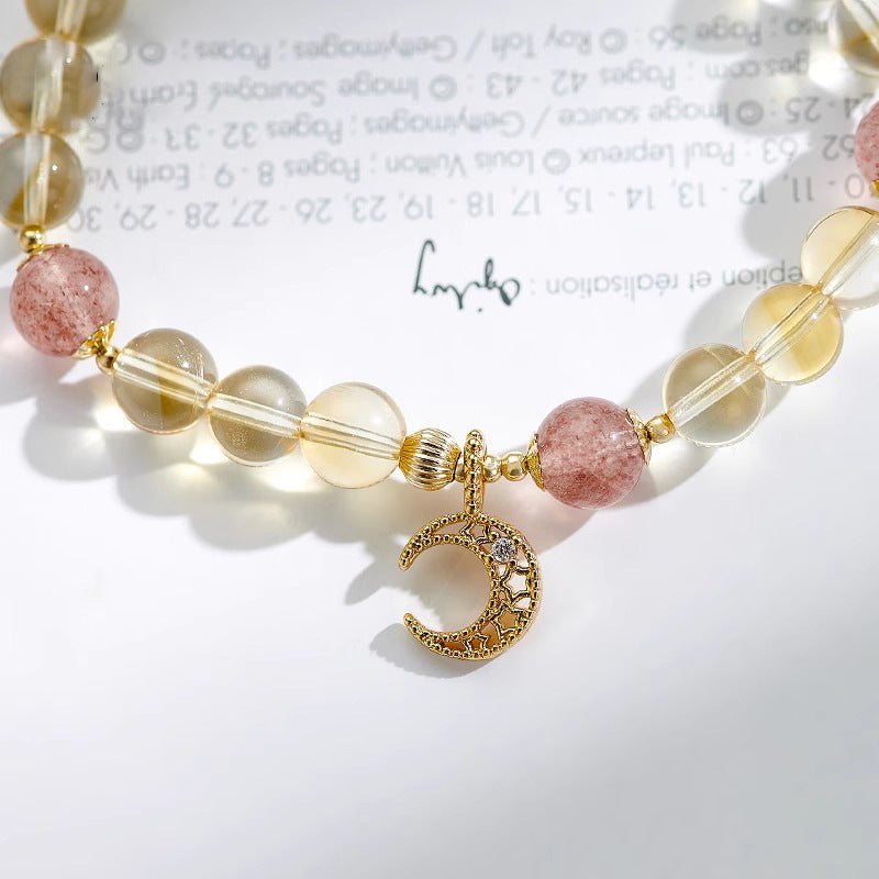 Strawberry Crystal Moon Pendant Bracelet for Girlfriend's Birthday with Citrine