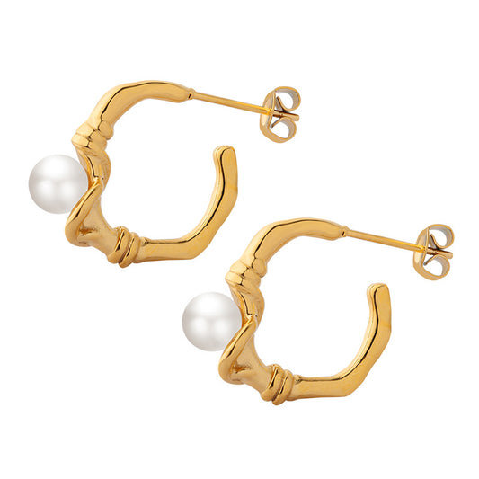 Korean Inspired Pearl Inlay Gold-Plated Titanium Steel Earrings