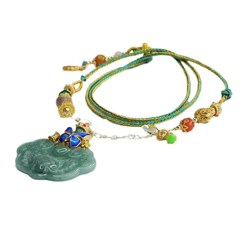 Natural Blue Green Jade Pendant Jade Ruyi Lock Pendant Colourful Necklace