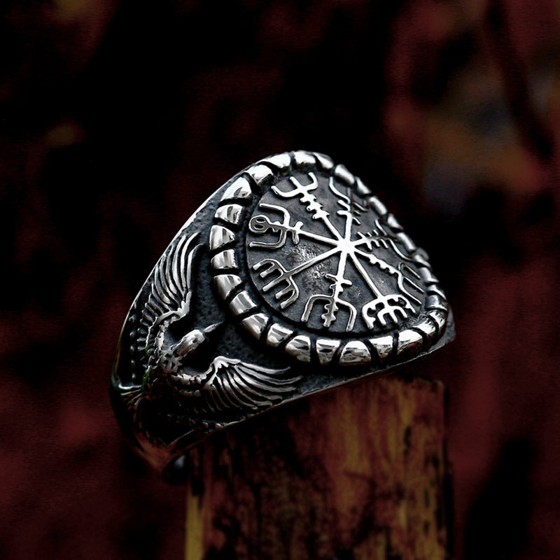 Wholesale Viking Rune Stainless Steel Ring for Men - Retro Titanium Steel Double Crow Design, Sizes 7-13