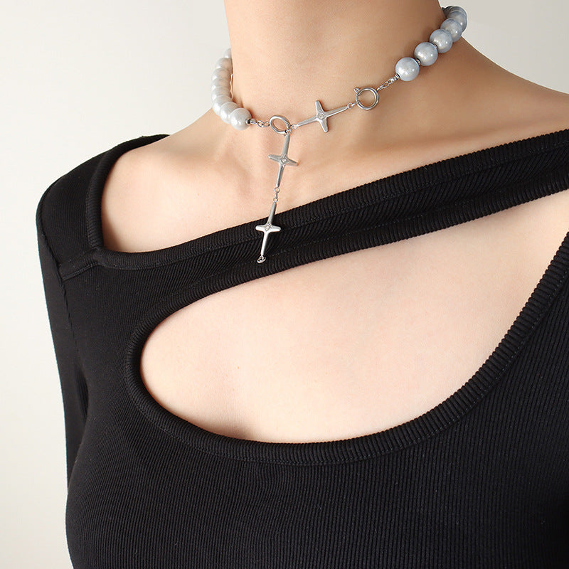 Neutral Style Reflective Cat Eye Beads Cross Necklace with Zircon Inlays