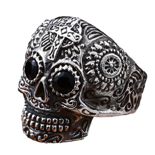 Vintage-Inspired Titanium Steel Skull Ring for Men with Zircon Cross Accent