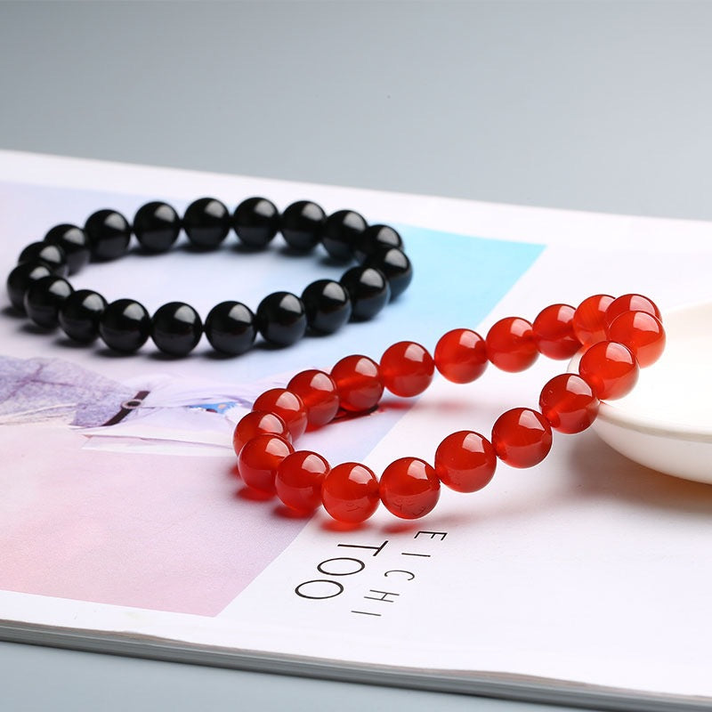 Red and Black Agate Sterling Silver Bead Bracelet