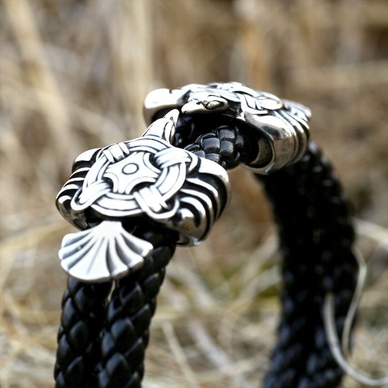 Viking-Inspired Crow Motif Leather and Stainless Steel Men's Bracelet